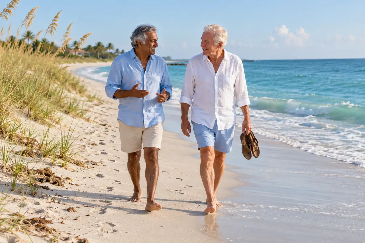 Two older men walking beside the ocean