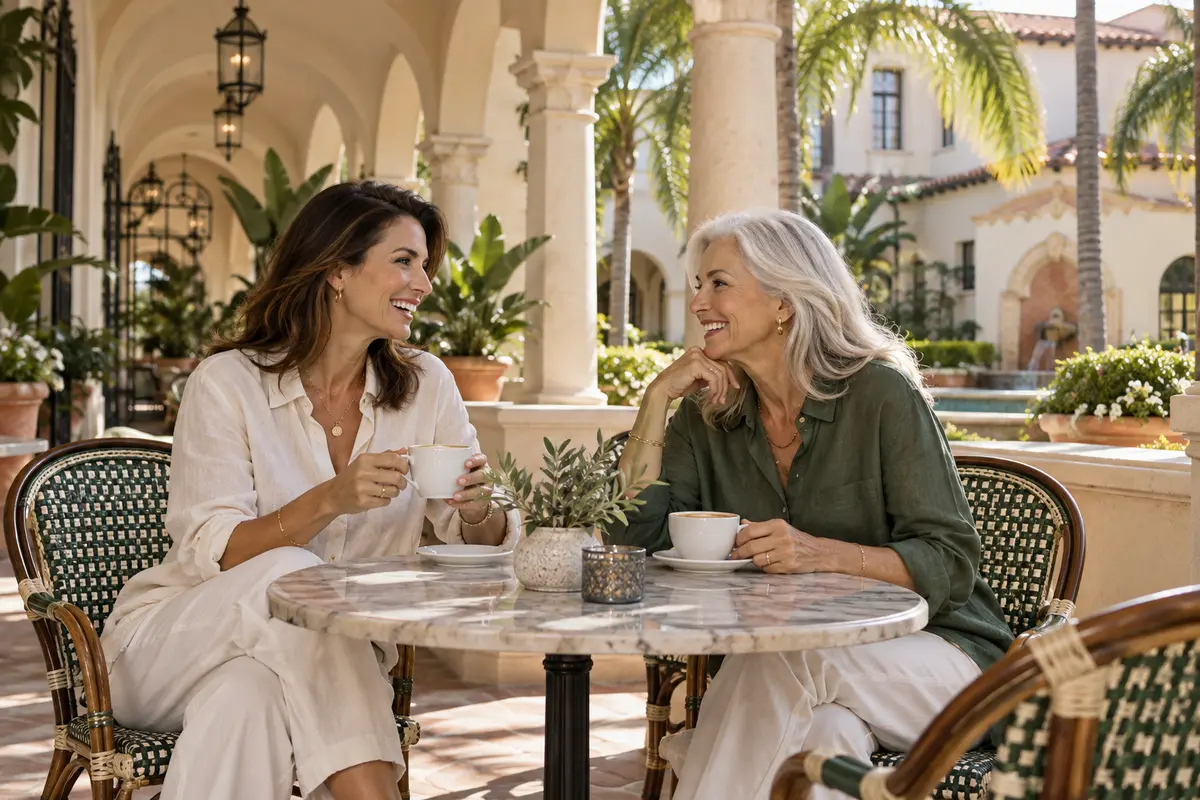 Adult friends sharing coffee in a Boca-inspired courtyard