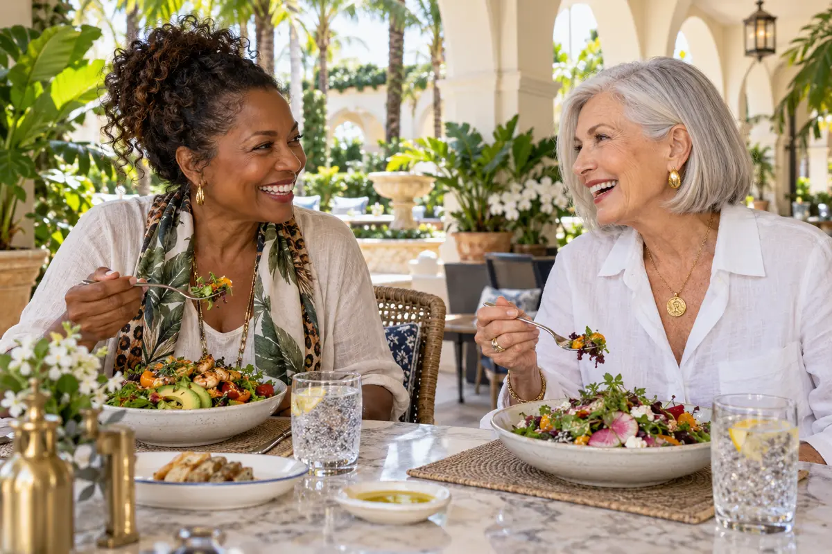 Two women sharing lunch outdoors