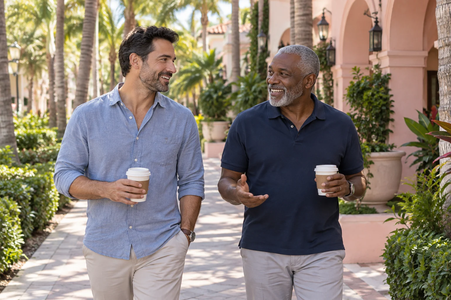 Two friends walking with coffee beside palms and pink stucco buildings