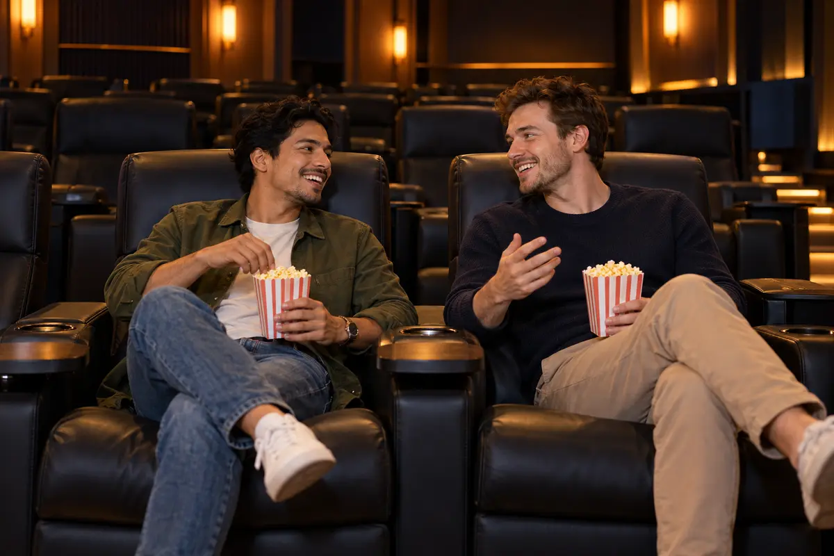 Two male friends at a movie theater