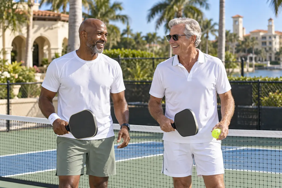 Two men chatting on a pickleball court