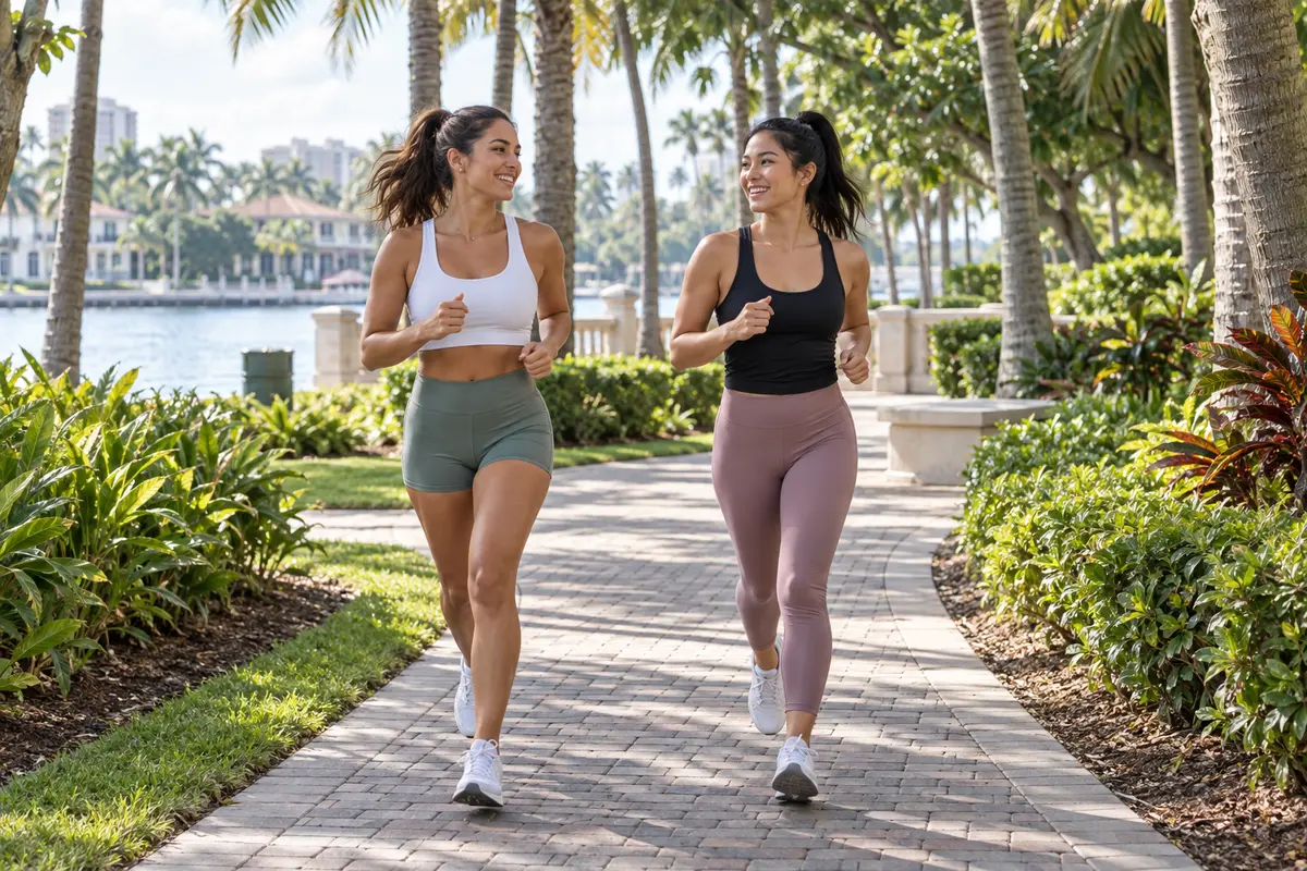Two women running on a palm-lined path